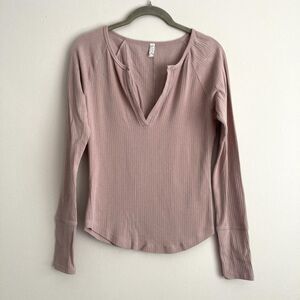 Free People Intimately Billie Ribbed Split-Neck Pink Long Sleeve Top Large